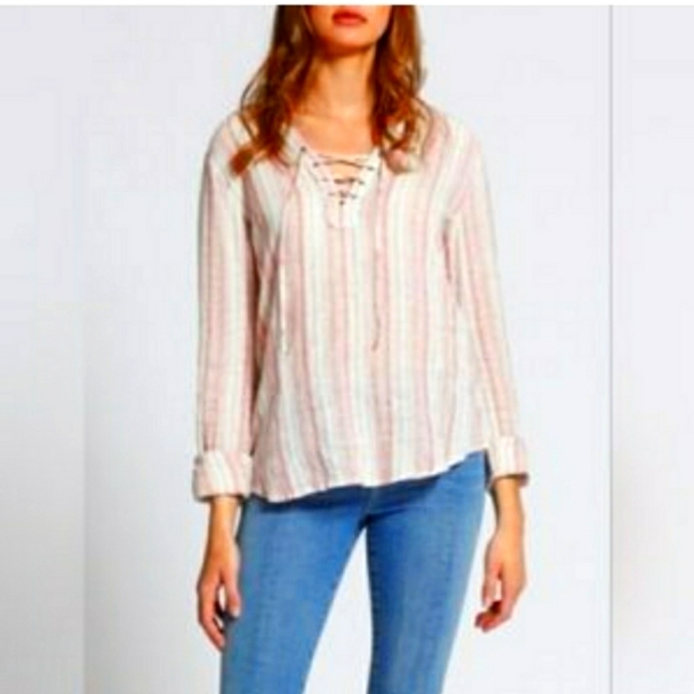 Sanctuary Top Linen Blend Striped white and Pink Long-Sleeve Top Size Me…